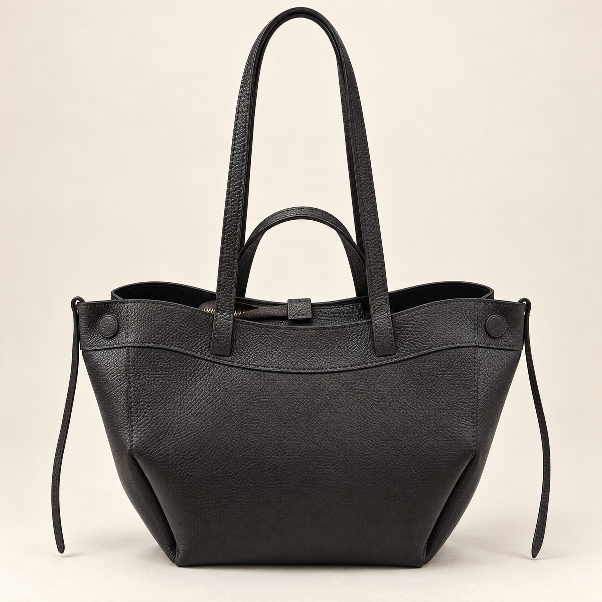 Borsa shopper in vera pelle con doppi manici colore nero – vista frontale