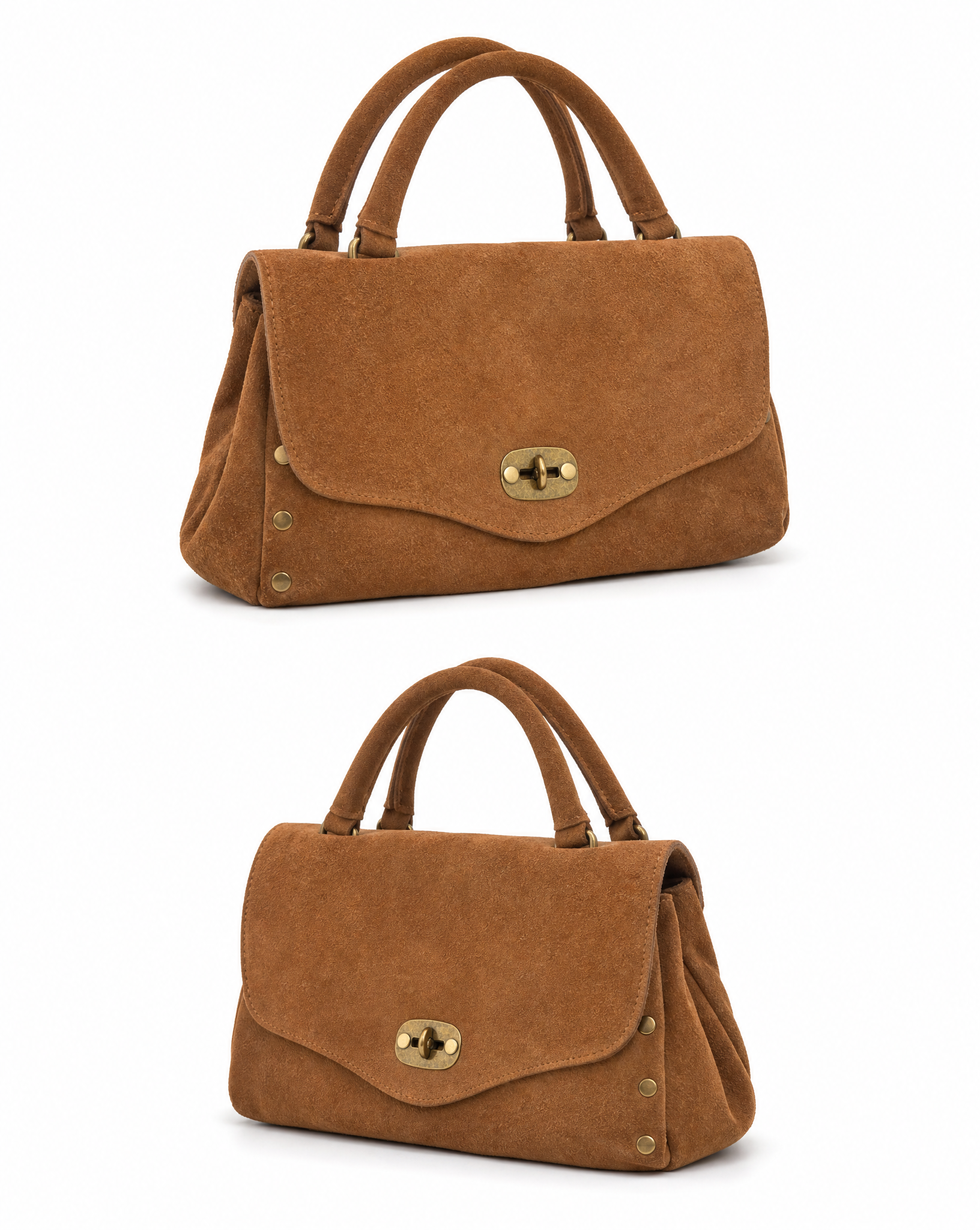 Borsa Siena in vera pelle scamosciata color camel su sfondo bianco