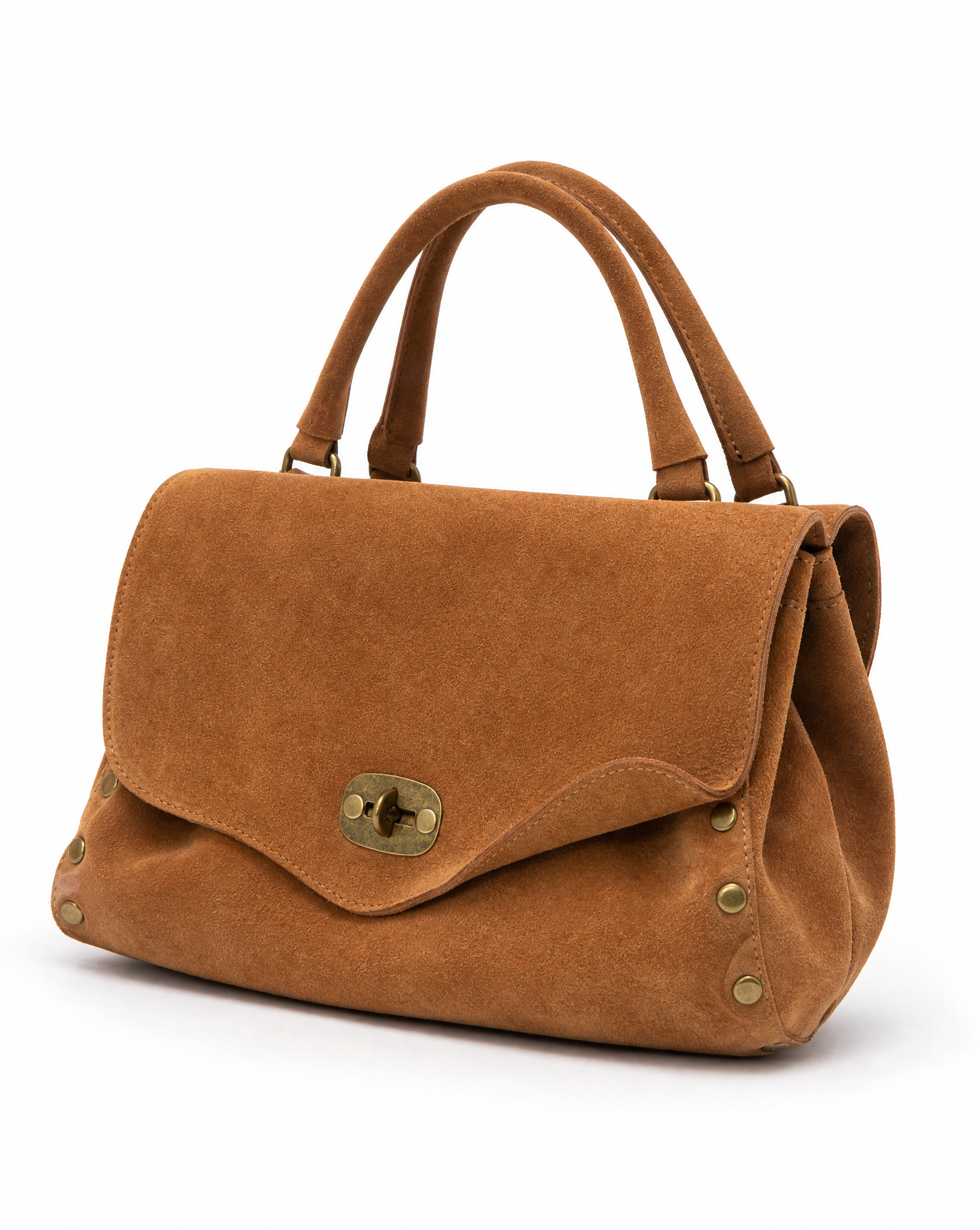 Borsa Siena in vera pelle scamosciata color camel, seconda vista su sfondo bianco