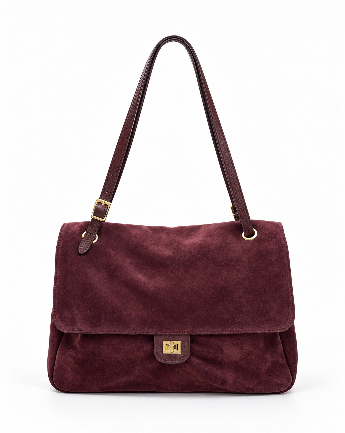 Borsa a spalla in vera pelle scamosciata bordeaux con patta e chiusura dorata – vista frontale
