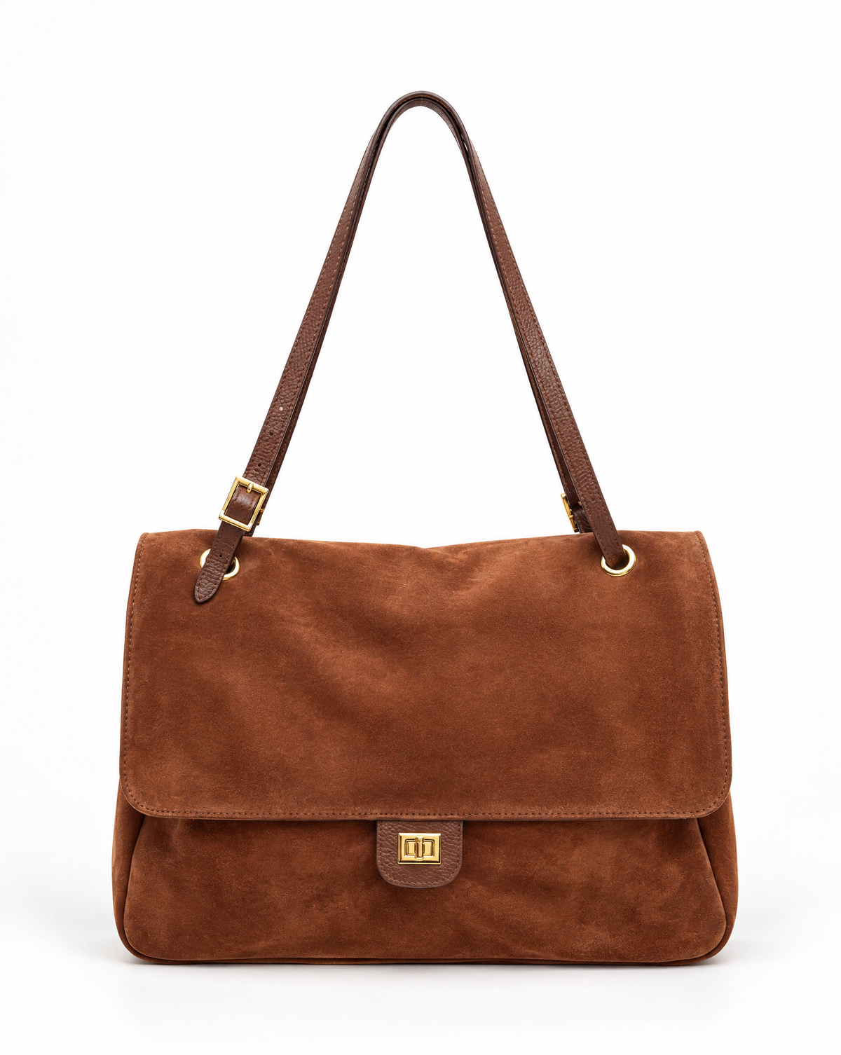 Borsa a spalla in vera pelle scamosciata cuoio con patta e chiusura dorata – vista frontale