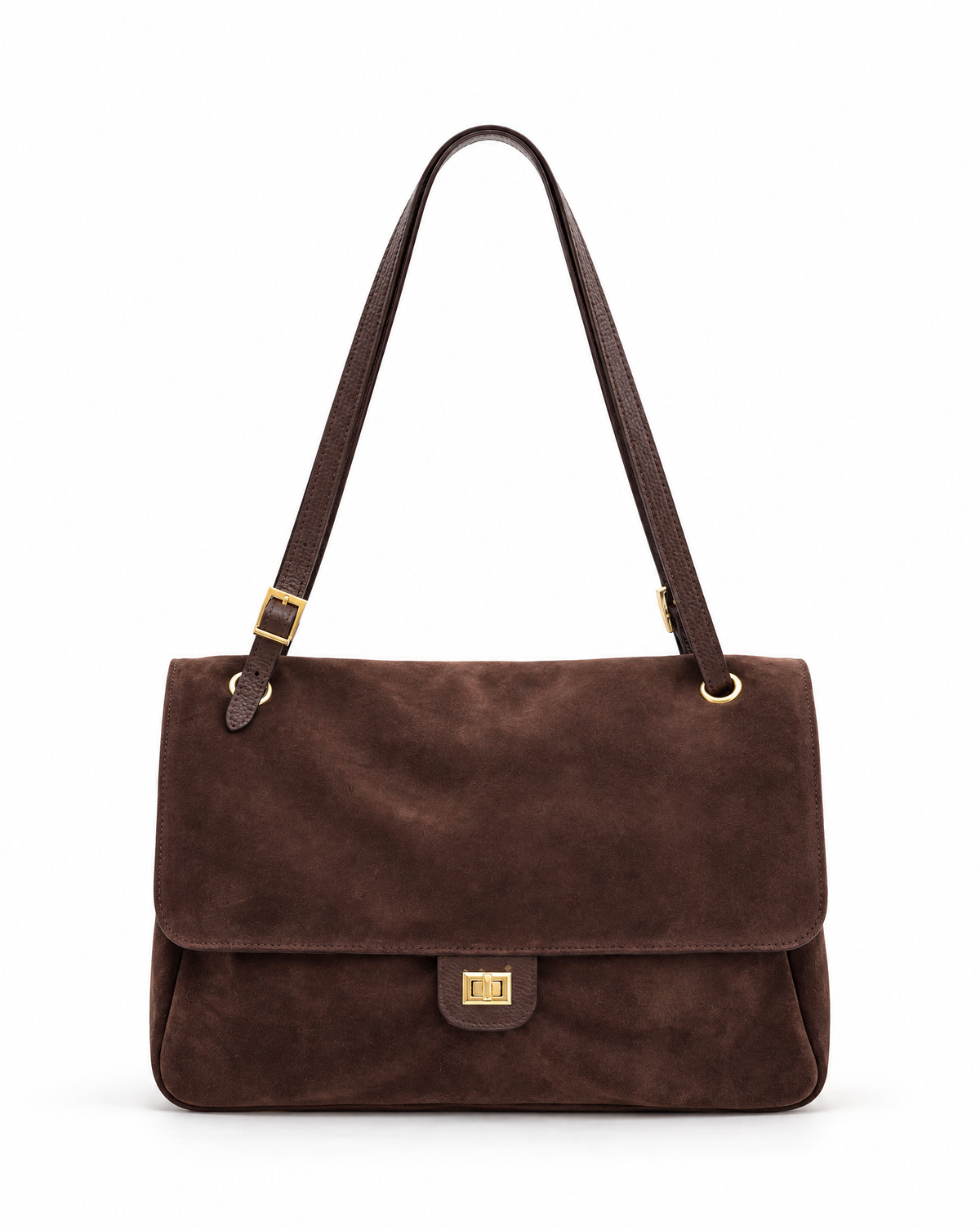 Borsa a spalla in vera pelle scamosciata marrone con patta e chiusura dorata – vista frontale