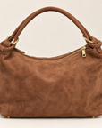 Borsa a spalla camel in vera pelle scamosciata con anelli dorati – vista frontale
