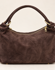 Borsa a spalla marrone in vera pelle scamosciata con anelli dorati – vista frontale