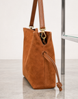 Borsa tote in vera pelle scamosciata camel vista laterale