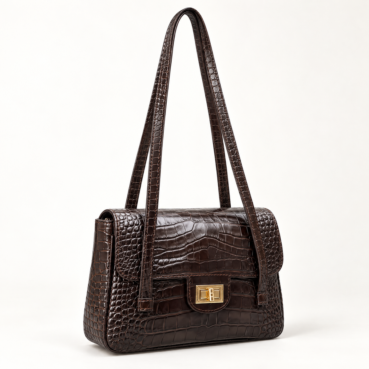 Borsa a spalla in vera pelle effetto cocco marrone scuro, vista a tre quarti