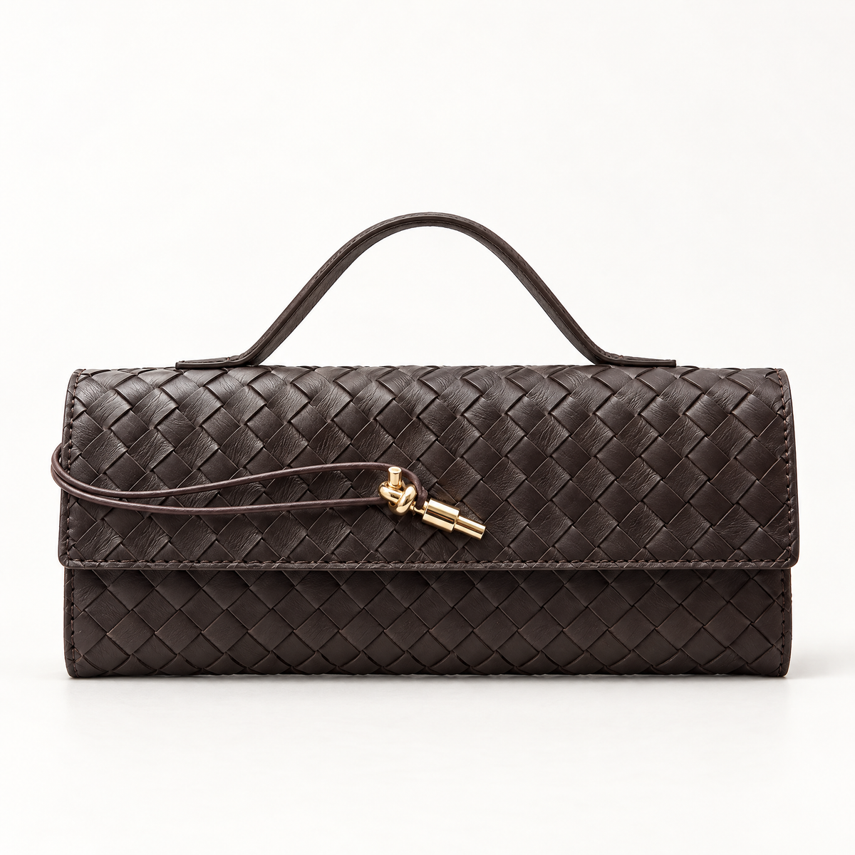 Borsa a mano in vera pelle intrecciata marrone con dettaglio dorato – frontale