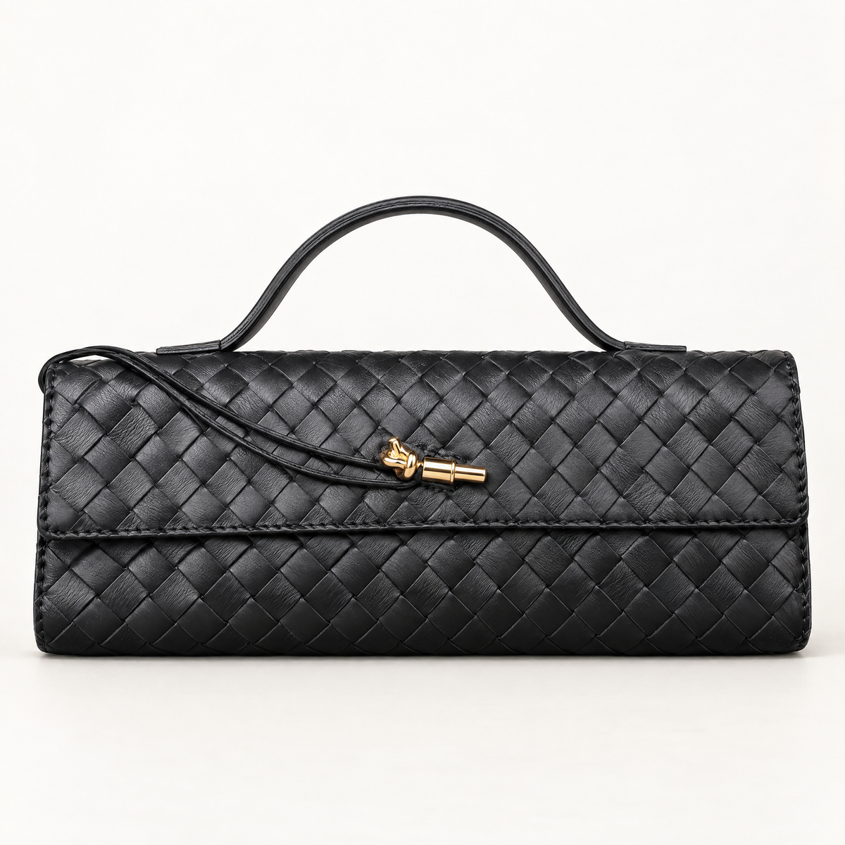 Borsa a mano in vera pelle intrecciata nera con dettaglio dorato – frontale