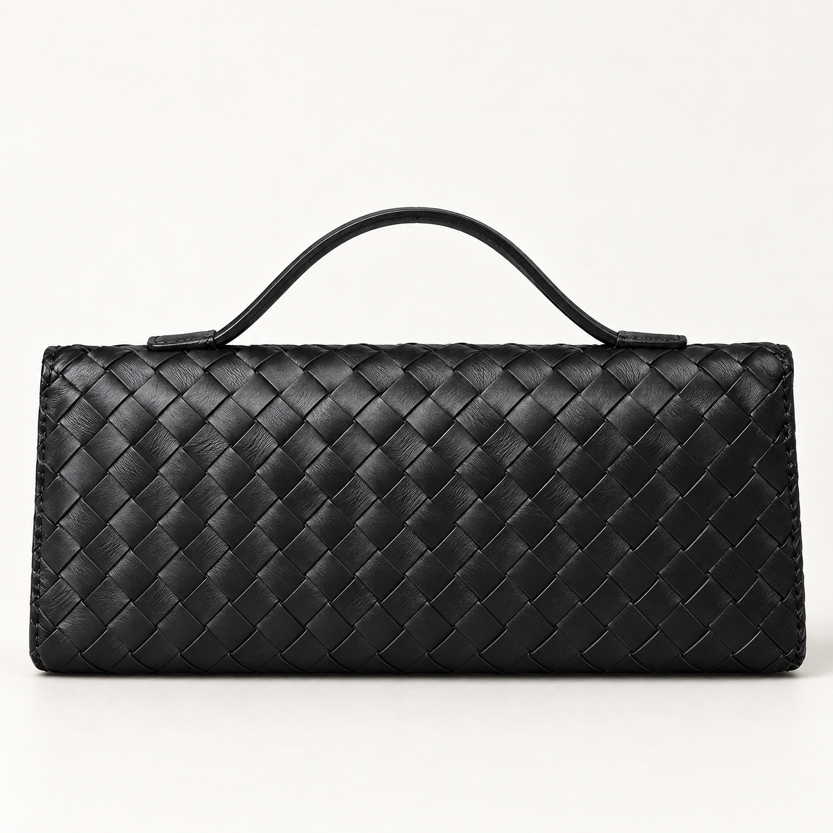 Borsa a mano in vera pelle intrecciata nera con dettaglio dorato – retro