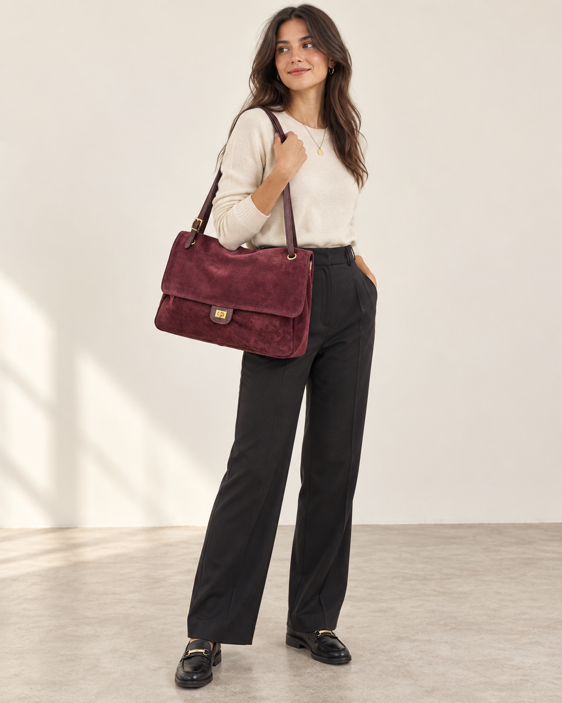 Borsa a spalla in vera pelle scamosciata bordeaux con patta - indossata