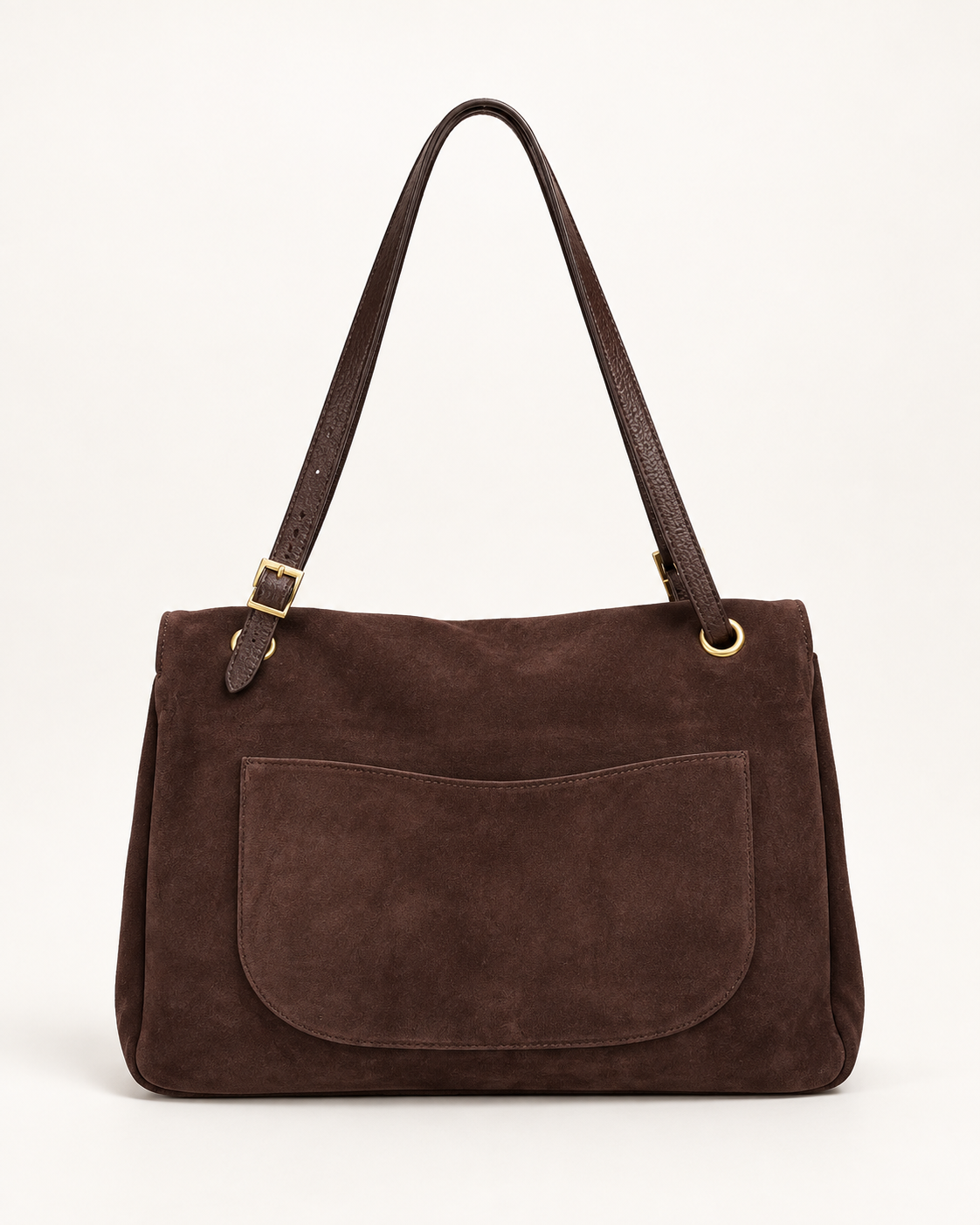 Borsa a spalla in vera pelle scamosciata marrone con patta - retro