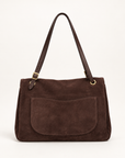 Borsa a spalla in vera pelle scamosciata marrone con patta - retro