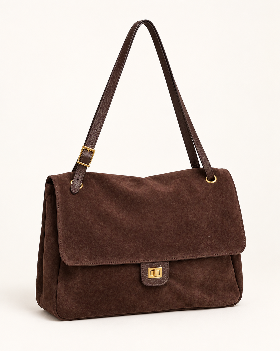Borsa a spalla in vera pelle scamosciata marrone con patta - tre quarti
