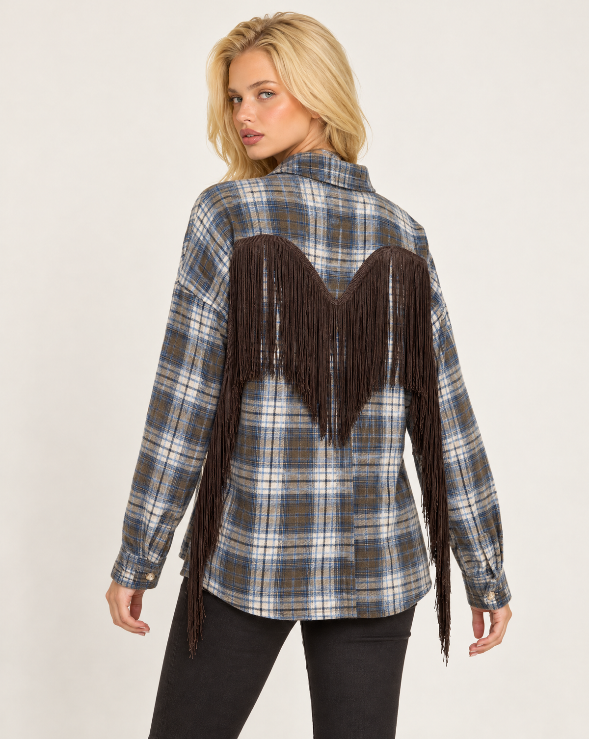 Camicia donna a quadri azzurro con frange, Polly 7 - vista posteriore con frange