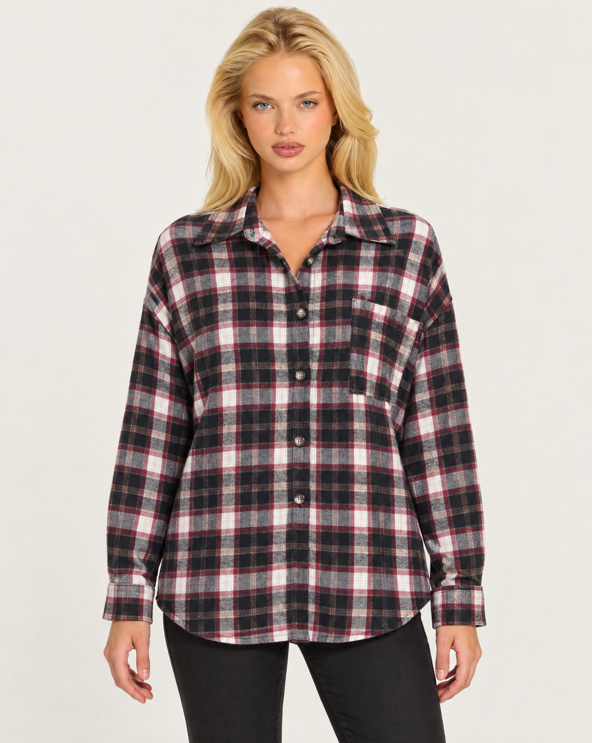 Camicia donna a quadri bordeaux con frange, Polly 7 - vista frontale con taschino