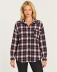Camicia donna a quadri bordeaux con frange, Polly 7 - vista frontale con taschino