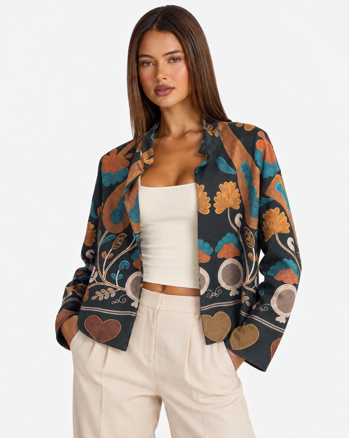 Cardigan aperto con fantasia floreale multicolore Verde con Polly 4 – primo piano parte superiore, vista tre quarti