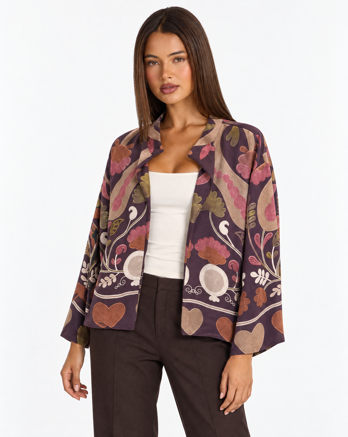 Cardigan floreale b5 26347-1 Viola indossato da Polly 4