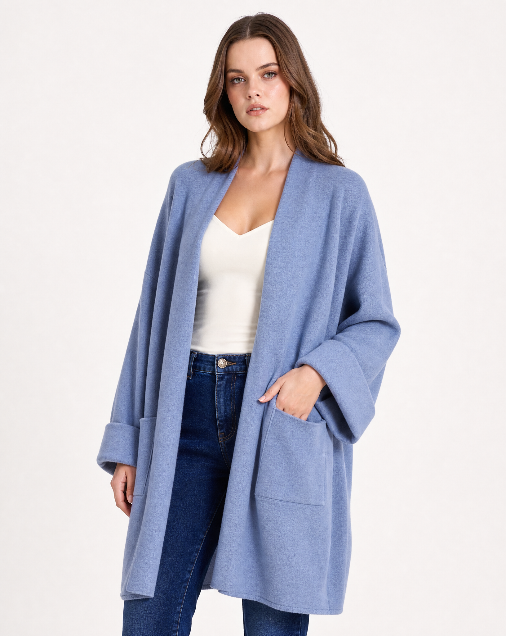 Cardigan lungo donna con tasche denim dettaglio