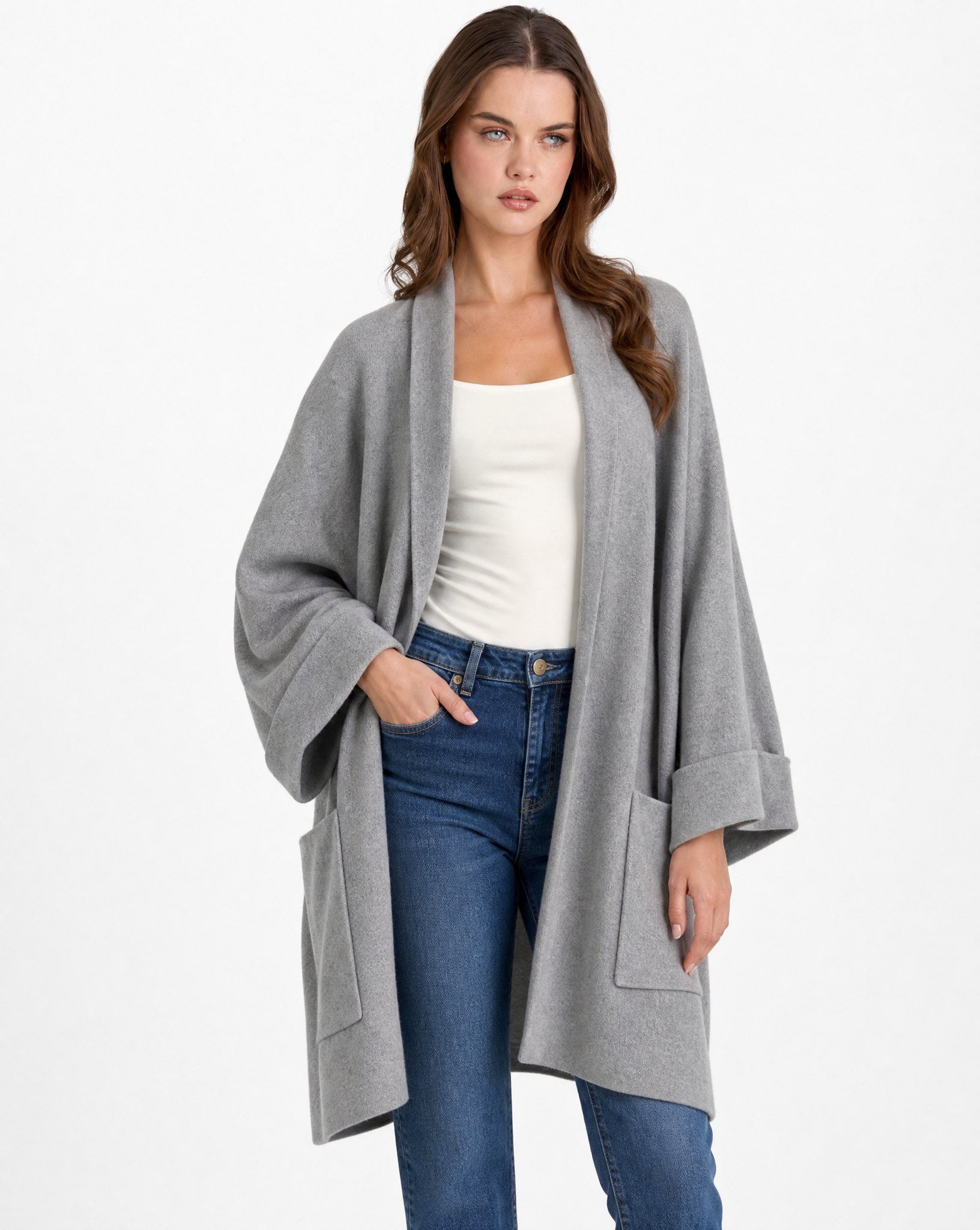 Cardigan lungo donna con tasche grigio dettaglio