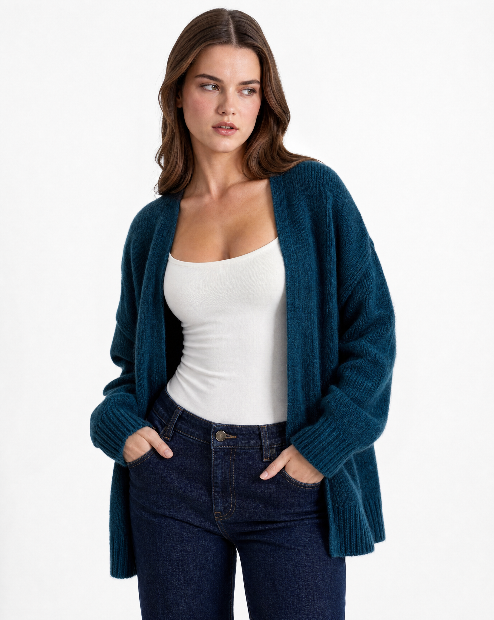 Cardigan donna ottanio in misto lana, dettaglio a mezzo busto