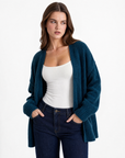 Cardigan donna ottanio in misto lana, dettaglio a mezzo busto
