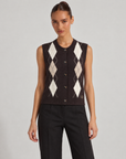 Cardigan donna senza maniche marrone a rombi con bottoni, Polly 6, foto 1