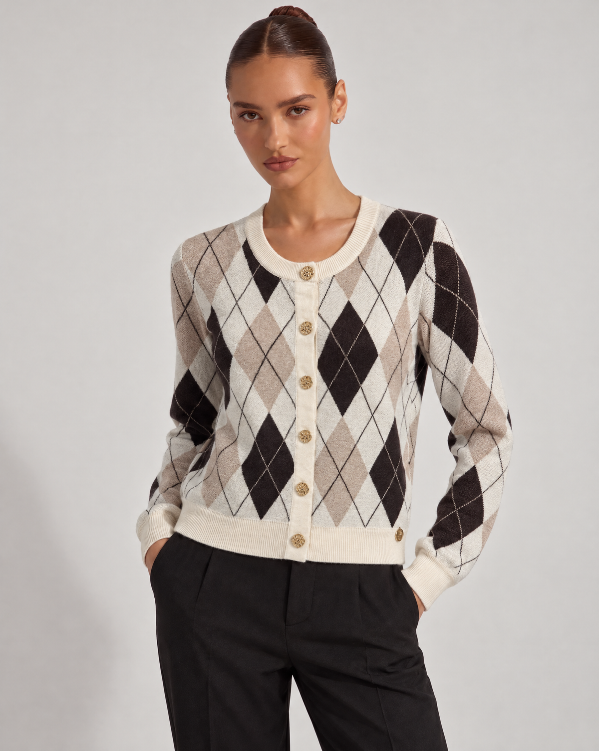 Cardigan donna a rombi beige con bottoni dorati, Polly 6, foto 2