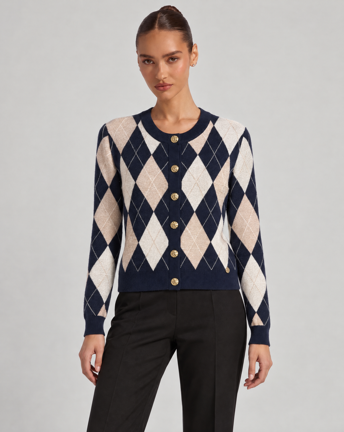 Cardigan donna a rombi blu con bottoni dorati, Polly 6, foto 1
