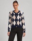 Cardigan donna a rombi blu con bottoni dorati, Polly 6, foto 1