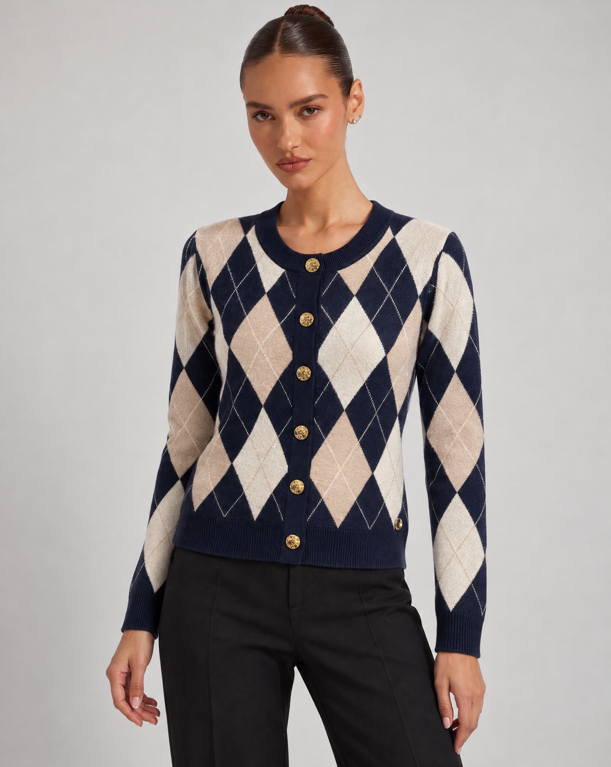 Cardigan donna a rombi blu con bottoni dorati, Polly 6, foto 2