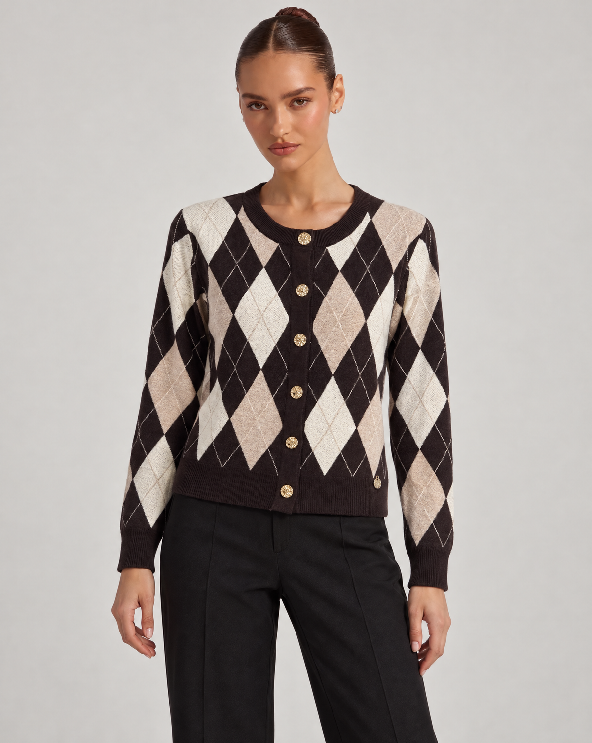 Cardigan donna a rombi marrone con bottoni dorati, Polly 6, foto 1