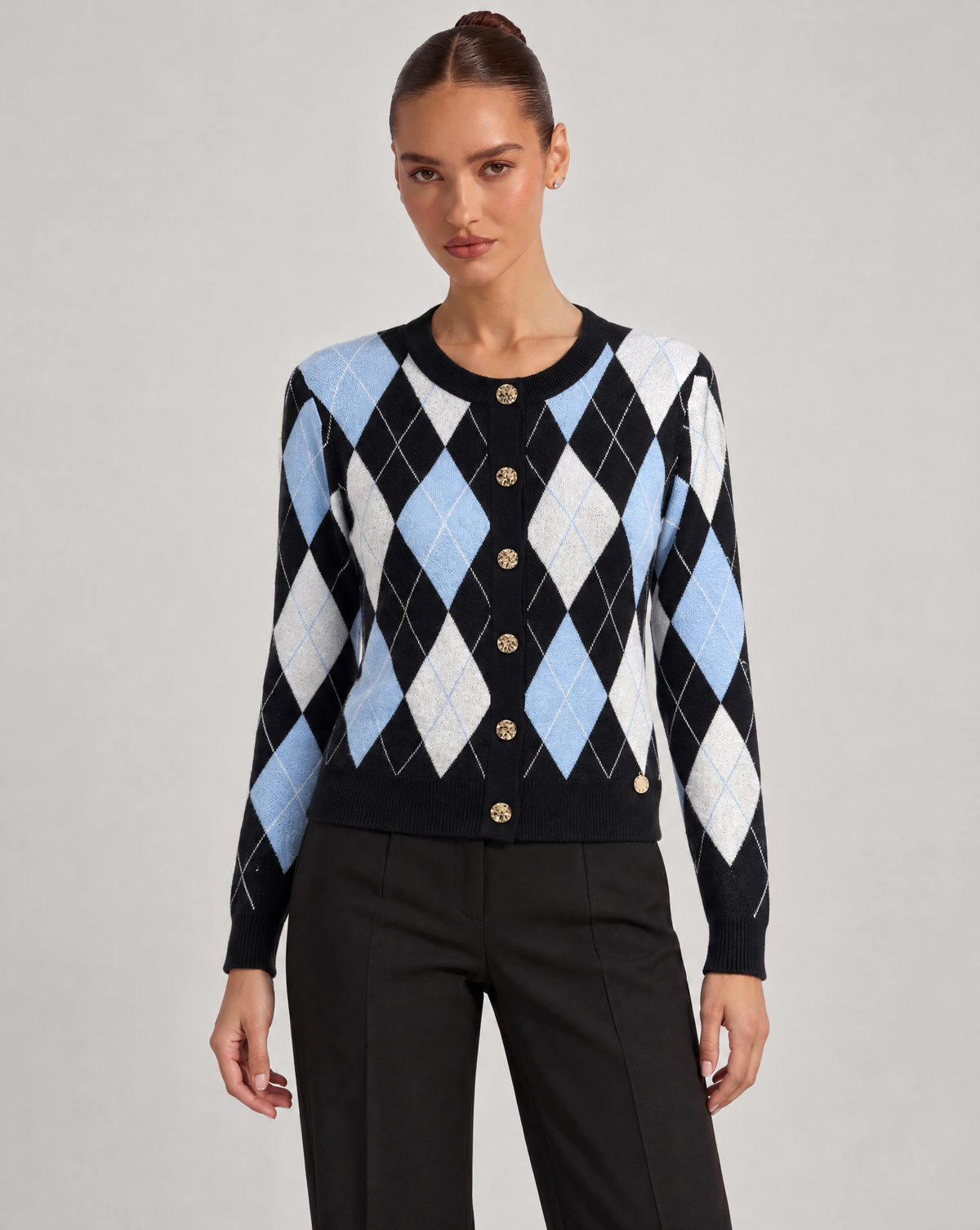 Cardigan donna a rombi nero con bottoni dorati, Polly 6, foto 1