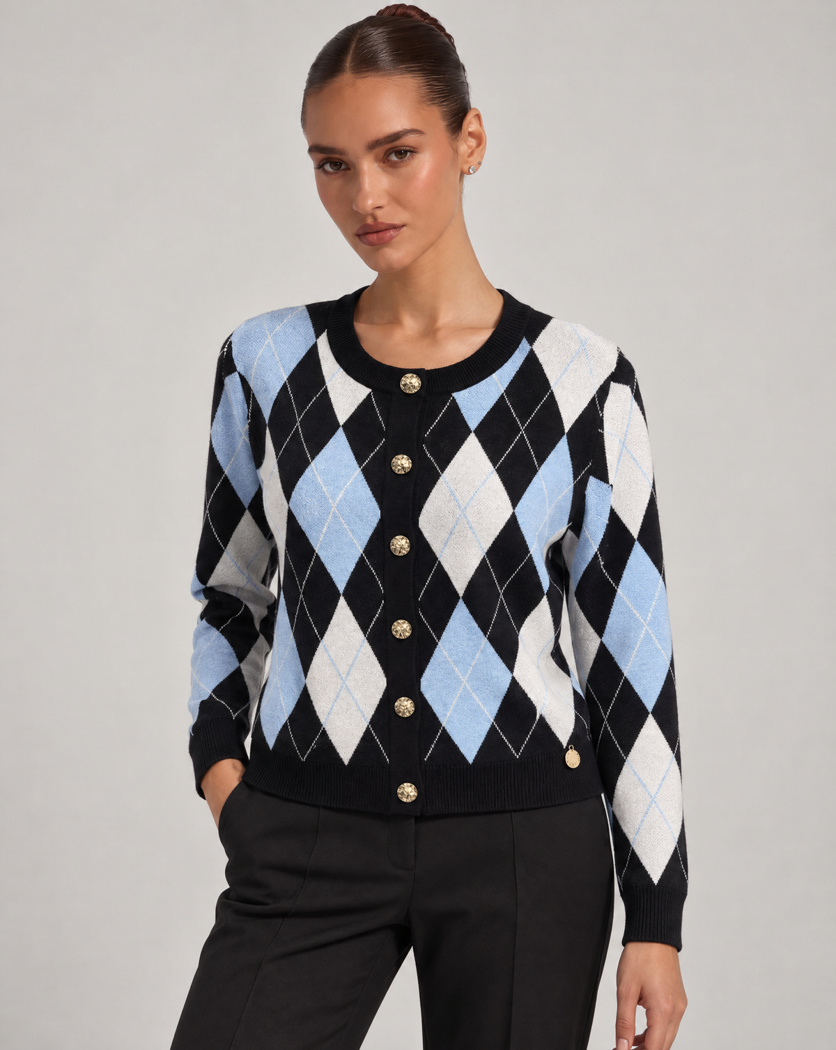 Cardigan donna a rombi nero con bottoni dorati, Polly 6, foto 2