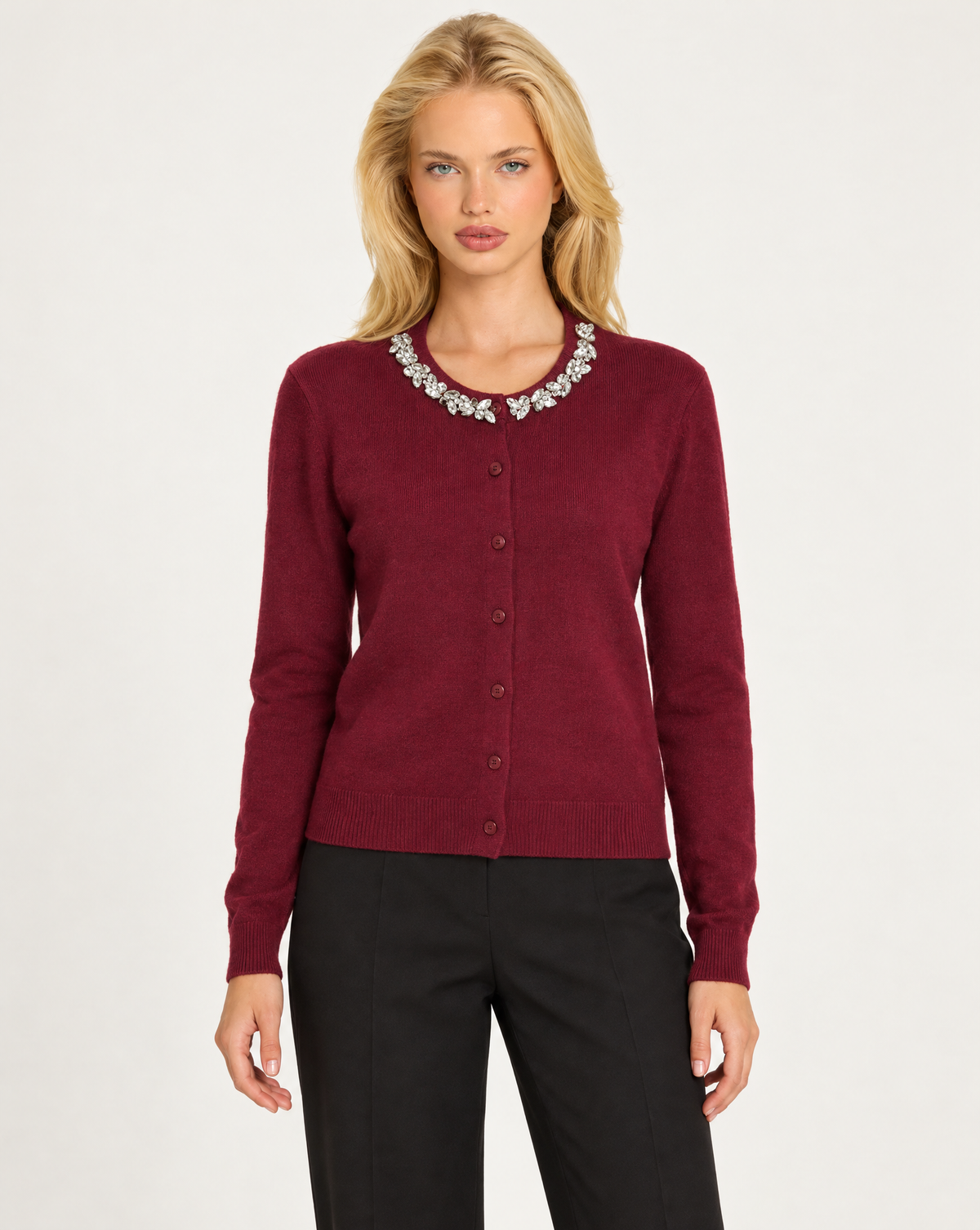 Cardigan donna bordeaux con collo gioiello e bottoni, Polly 7 - vista frontale