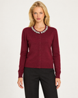 Cardigan donna bordeaux con collo gioiello e bottoni, Polly 7 - vista frontale