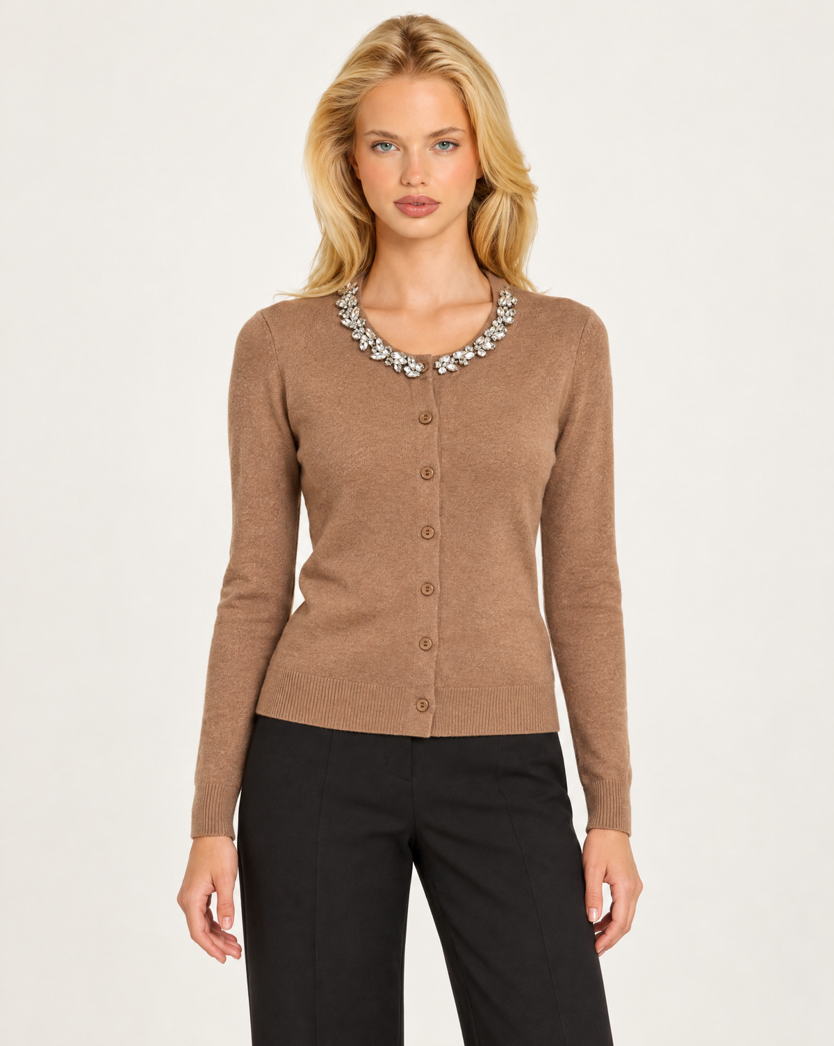 Cardigan donna camel con collo gioiello e bottoni, Polly 7 - vista frontale