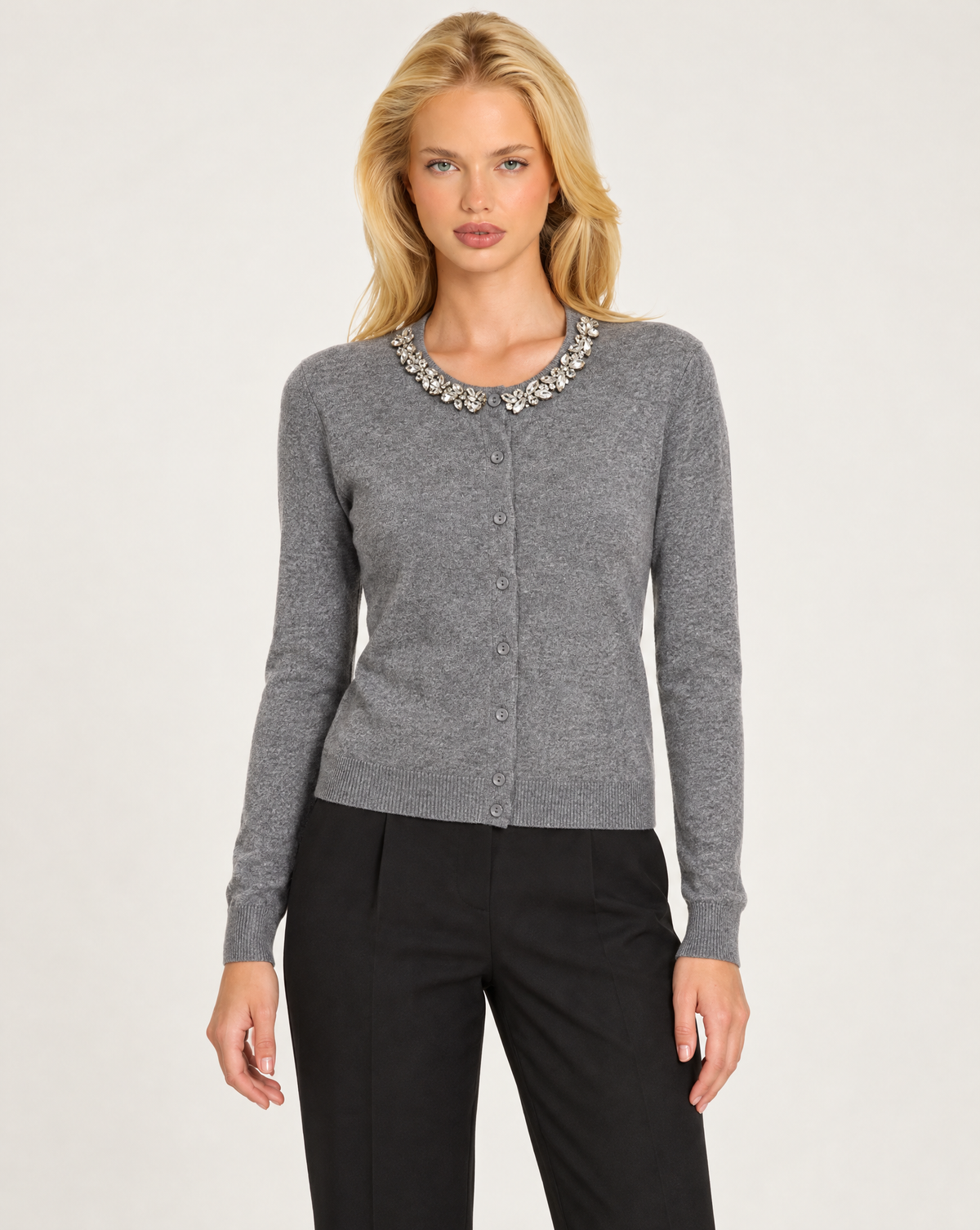 Cardigan donna grigio con collo gioiello e bottoni, Polly 7 - vista frontale