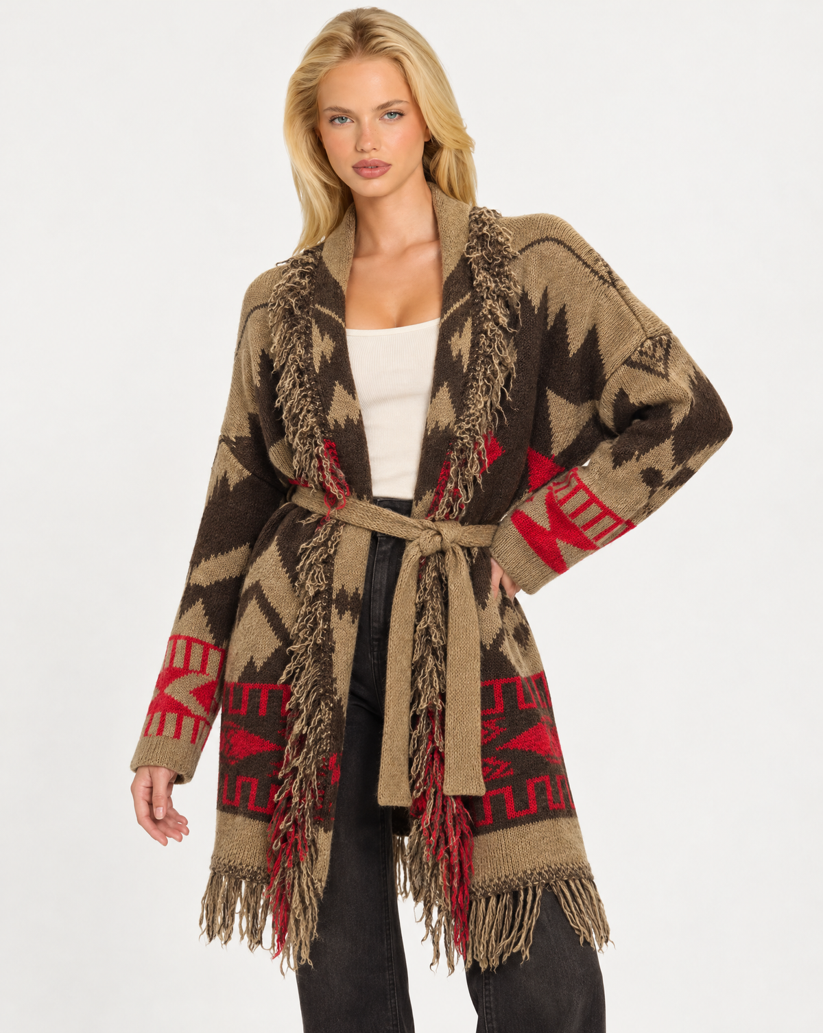 Cardigan donna fantasia geometrica con frange e cintura Beige, indossato da Polly 7 - dettaglio parte superiore