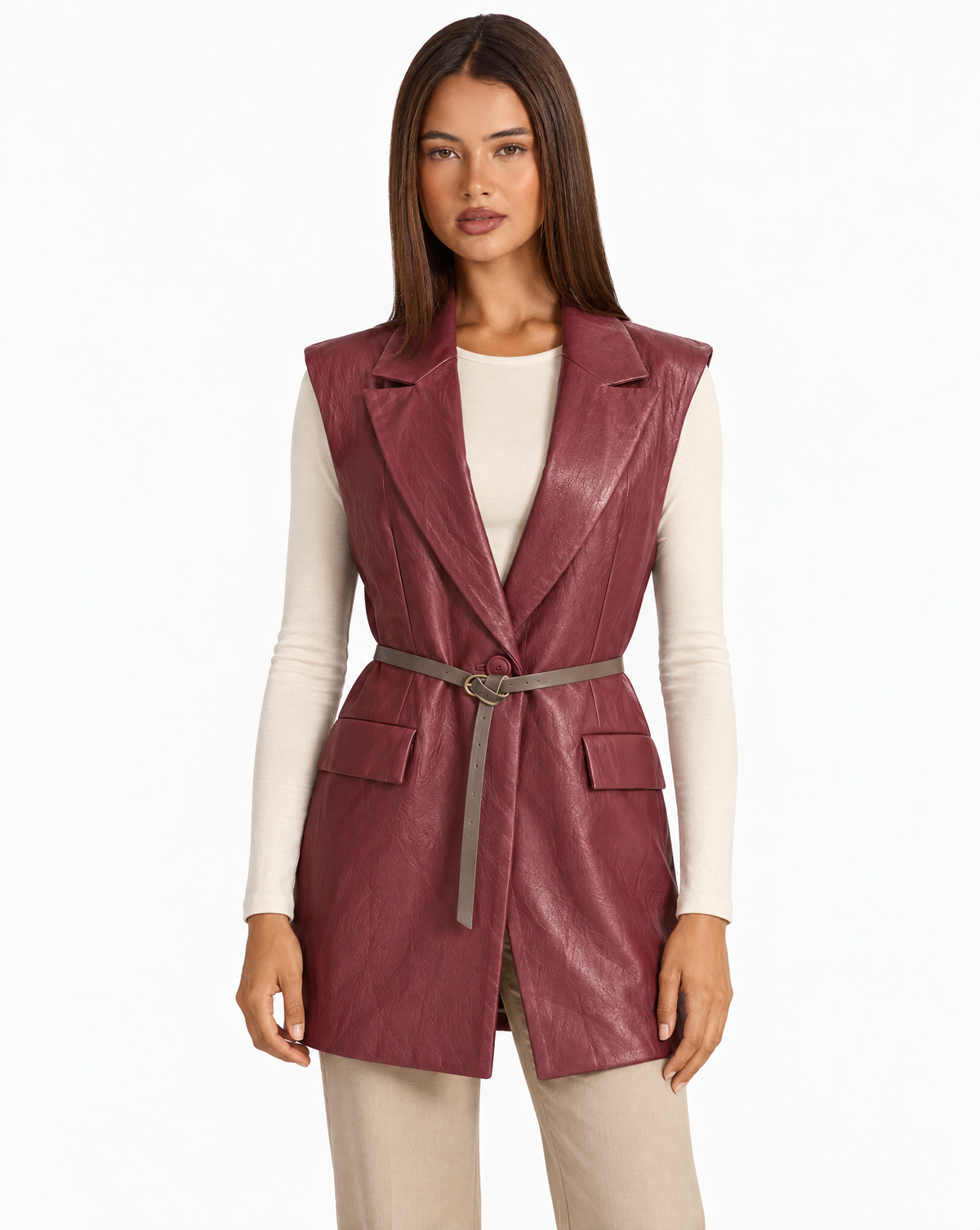Cardigan gilet donna effetto pelle Bordeaux con Polly 4 - frontale