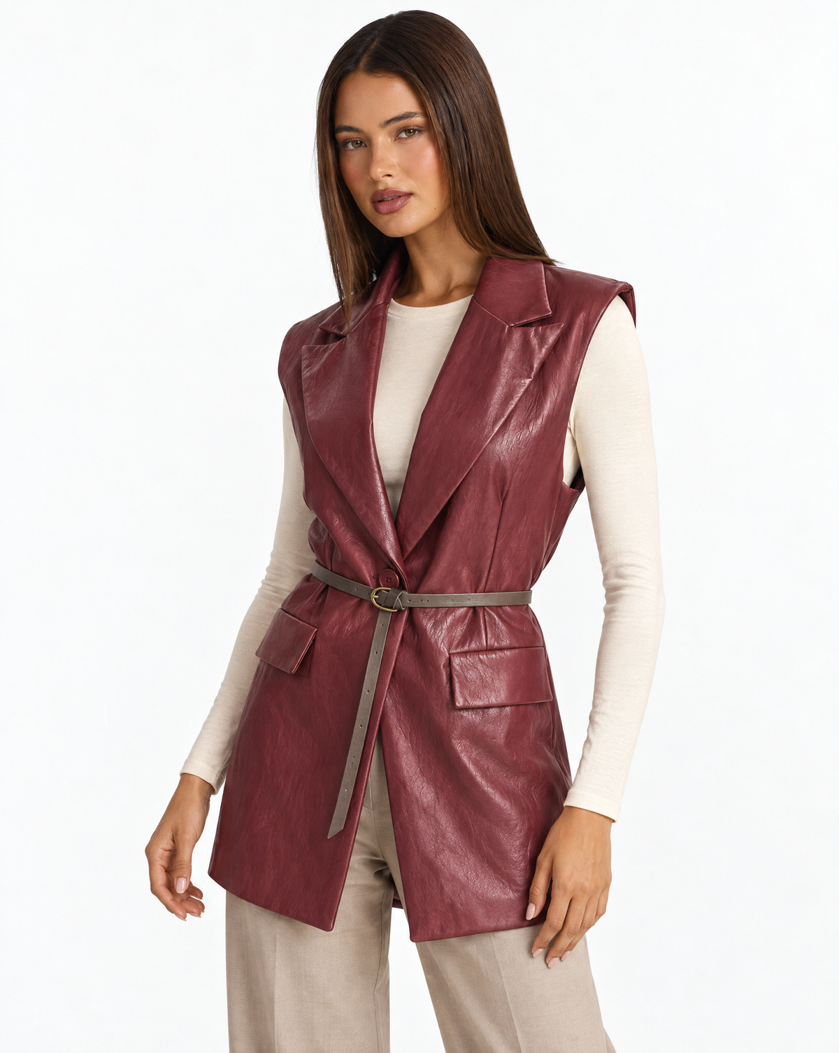 Cardigan gilet donna effetto pelle Bordeaux con Polly 4 - tre-quarti