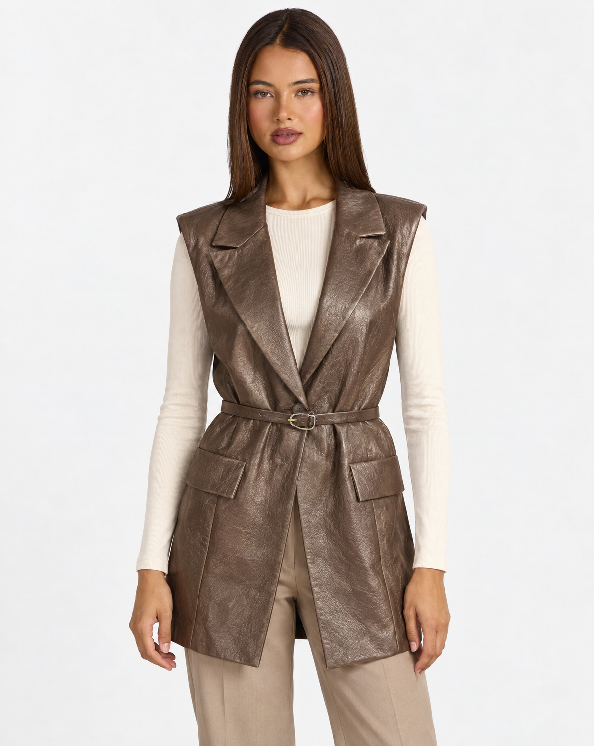Cardigan gilet donna effetto pelle Marrone con Polly 4 - frontale