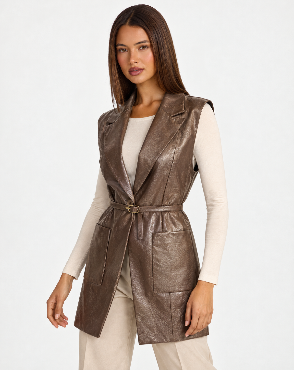 Cardigan gilet donna effetto pelle Marrone con Polly 4 - tre-quarti