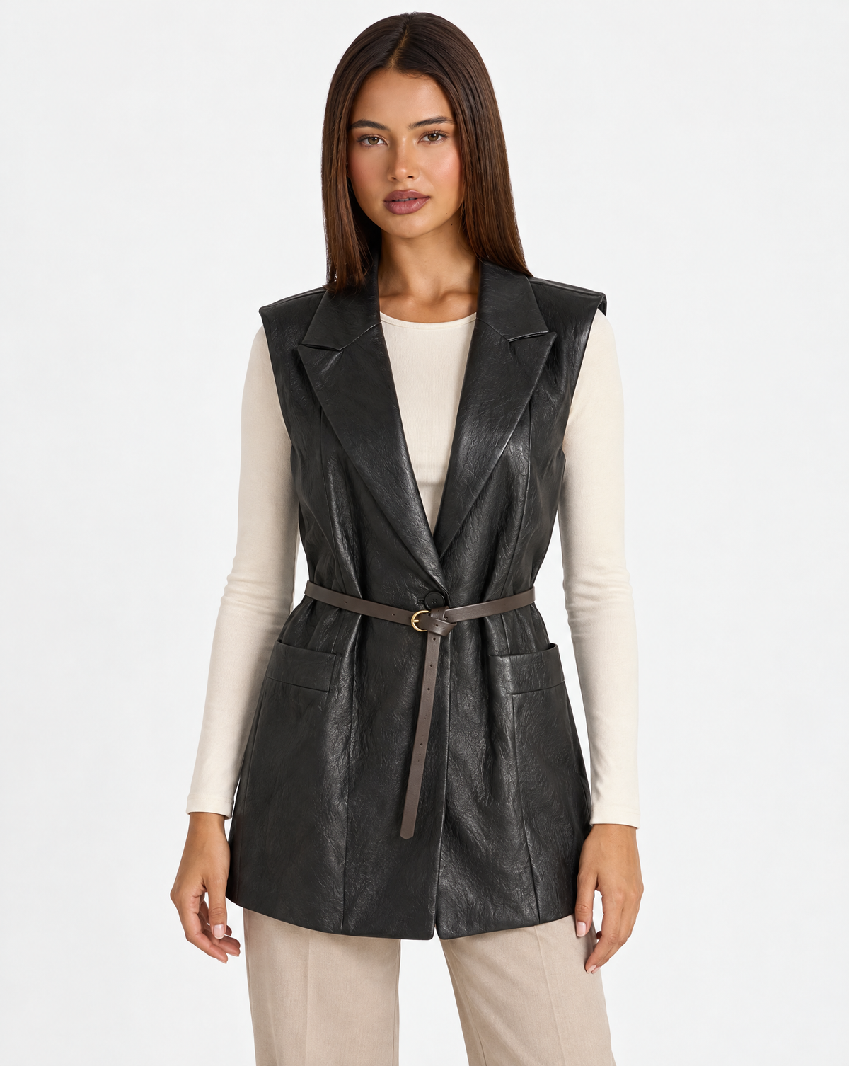 Cardigan gilet donna effetto pelle Nero con Polly 4 - frontale