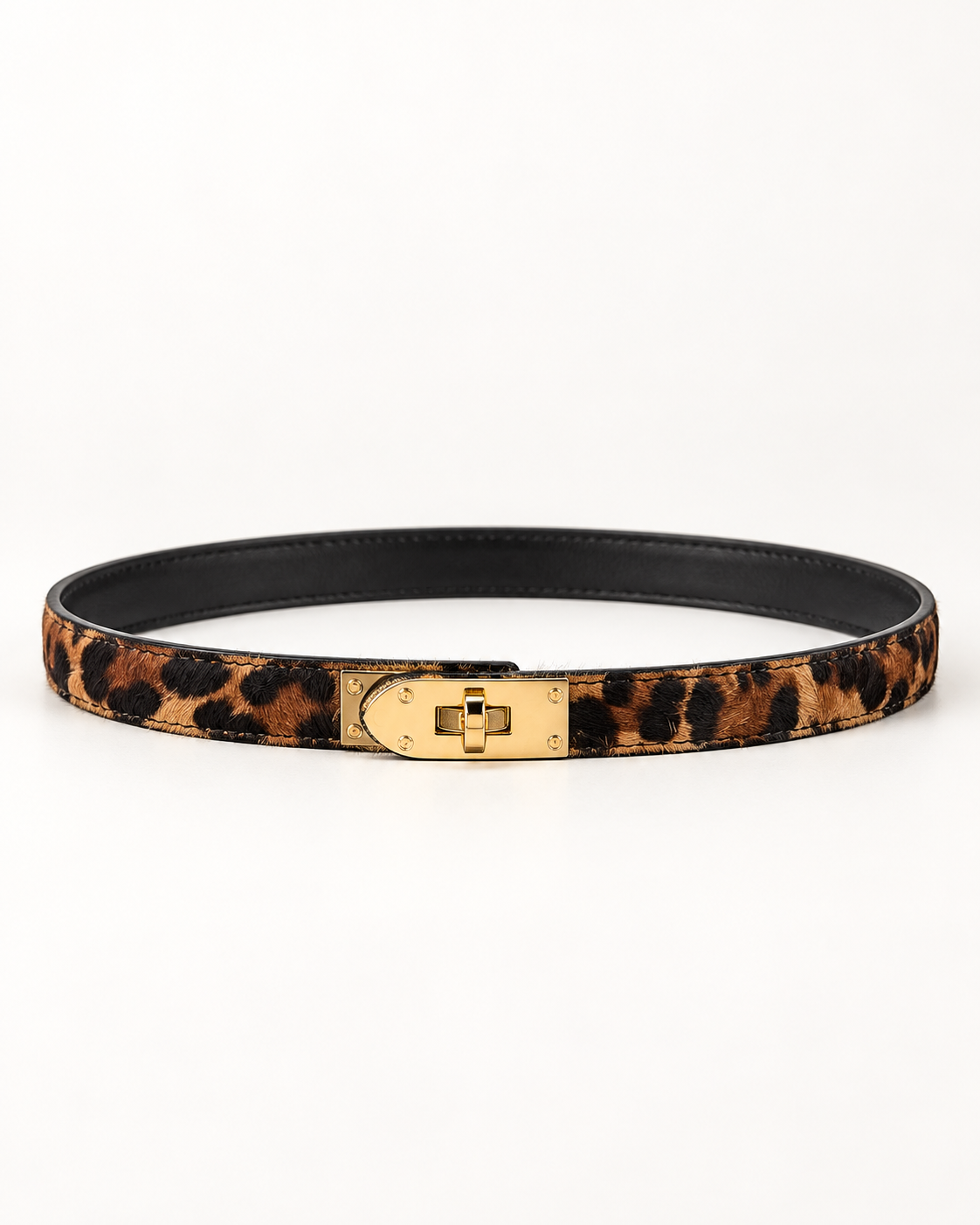 Cintura donna in cavallino leopardo con gancio dorato - vista frontale