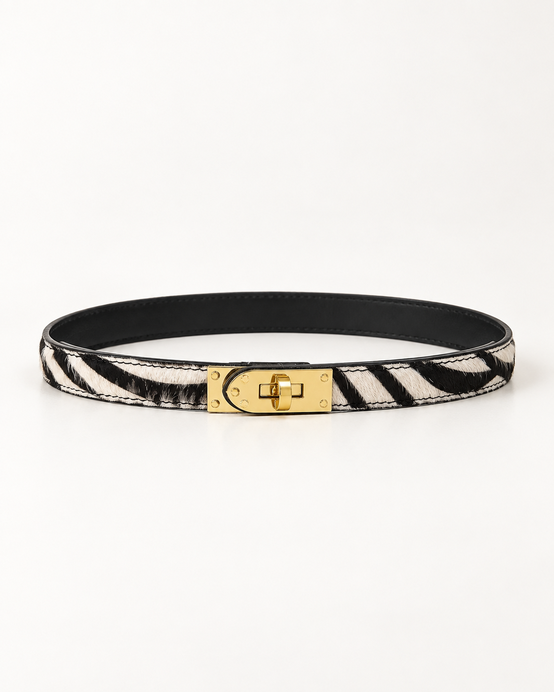 Cintura donna in cavallino zebra con gancio dorato - vista frontale