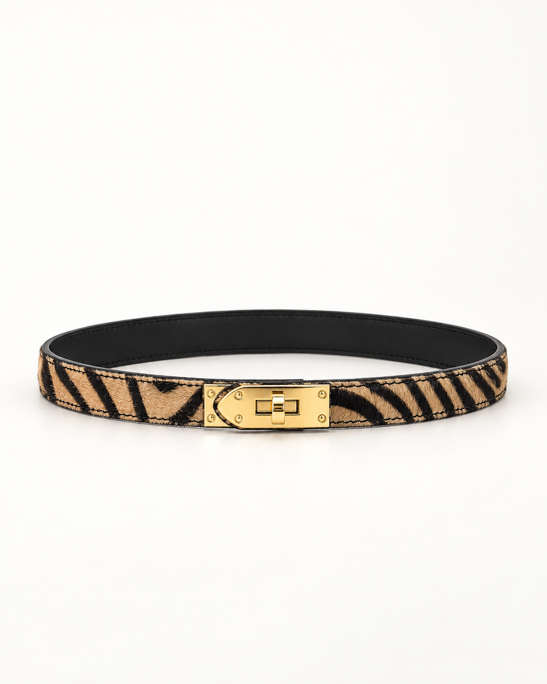 Cintura donna in cavallino zebra beige con gancio dorato - vista frontale