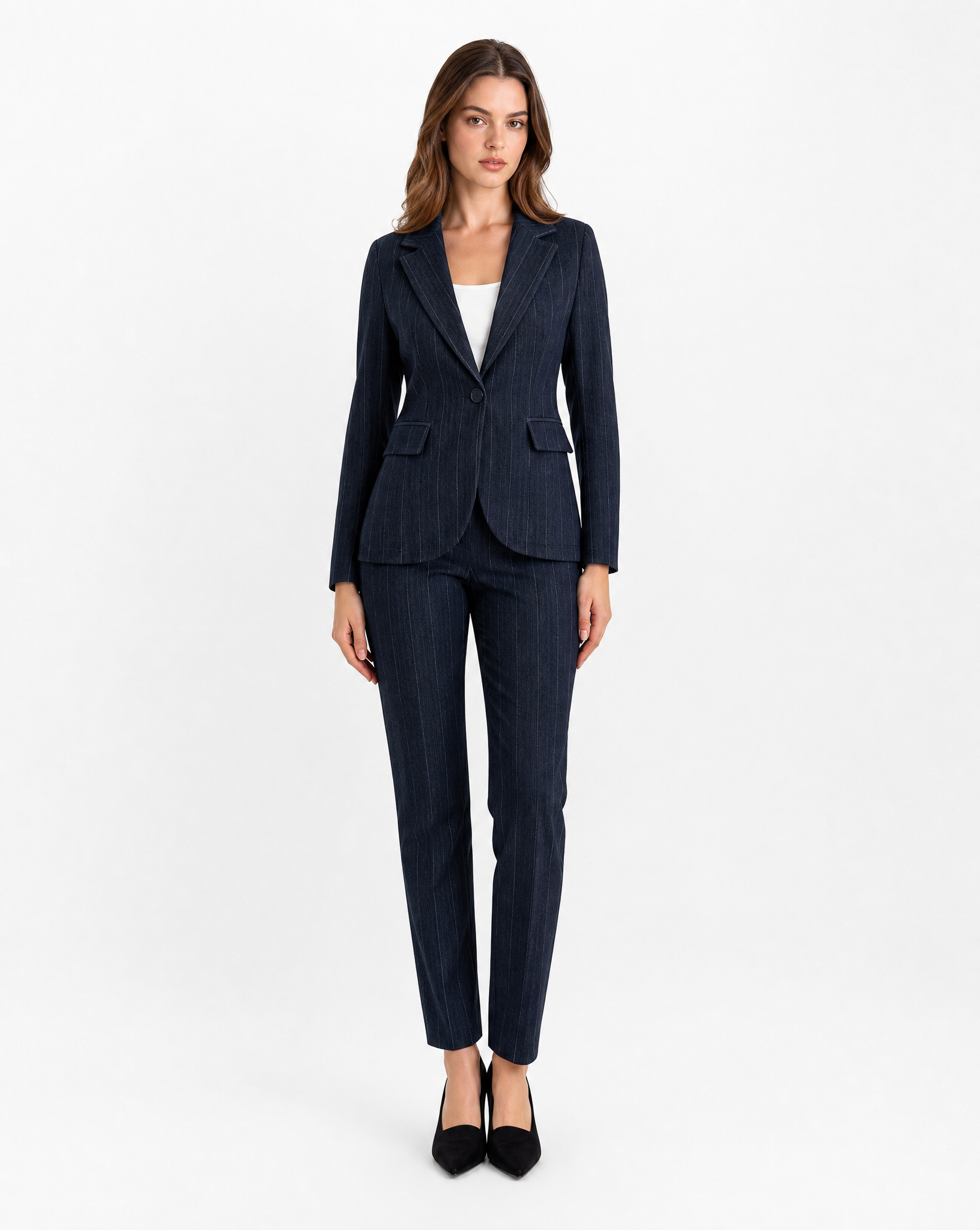 Blazer donna gessato blu con pantalone coordinato, vista frontale