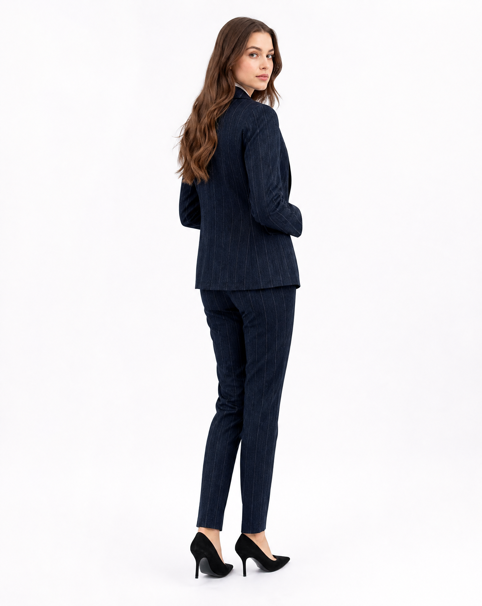 Blazer donna gessato blu con pantalone coordinato, vista posteriore