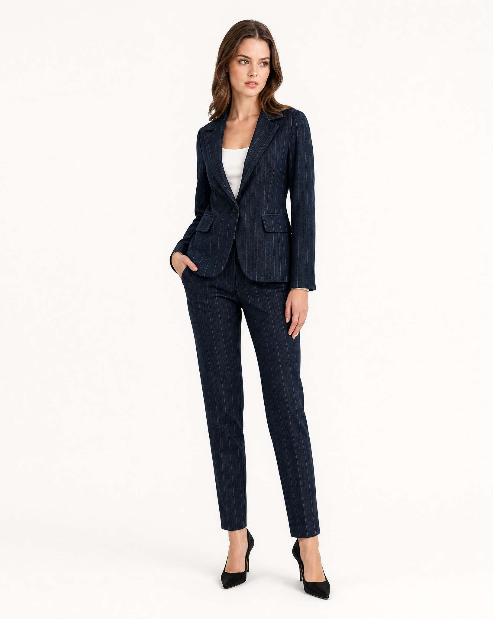 Blazer donna gessato blu con pantalone coordinato, vista tre quarti